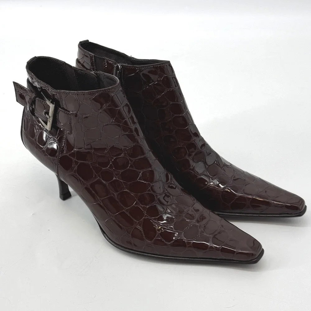 Donald J Pliner Womens‎ Brown Croc Embossed Patent Leather Ankle Booties 10M